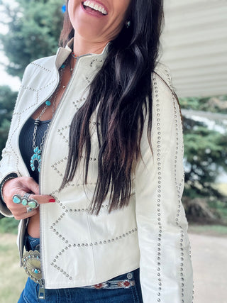 Short Stud Leather Jacket- Pearl