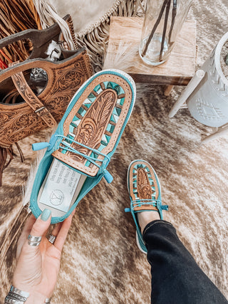 The Winchester Tooled Leather Shoes - Turquoise