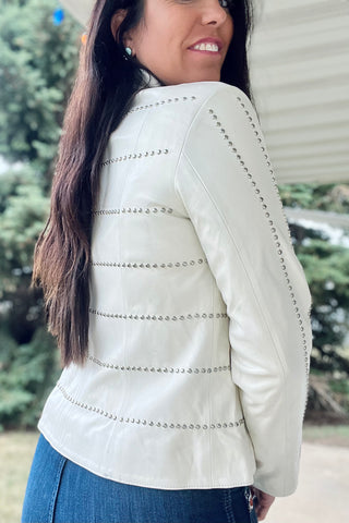 Short Stud Leather Jacket- Pearl