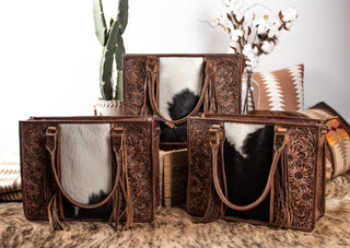 The Hathaway Fringe Tote - Brown & White Cowhide