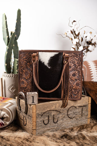 The Hathaway Fringe Tote - Brown & White Cowhide