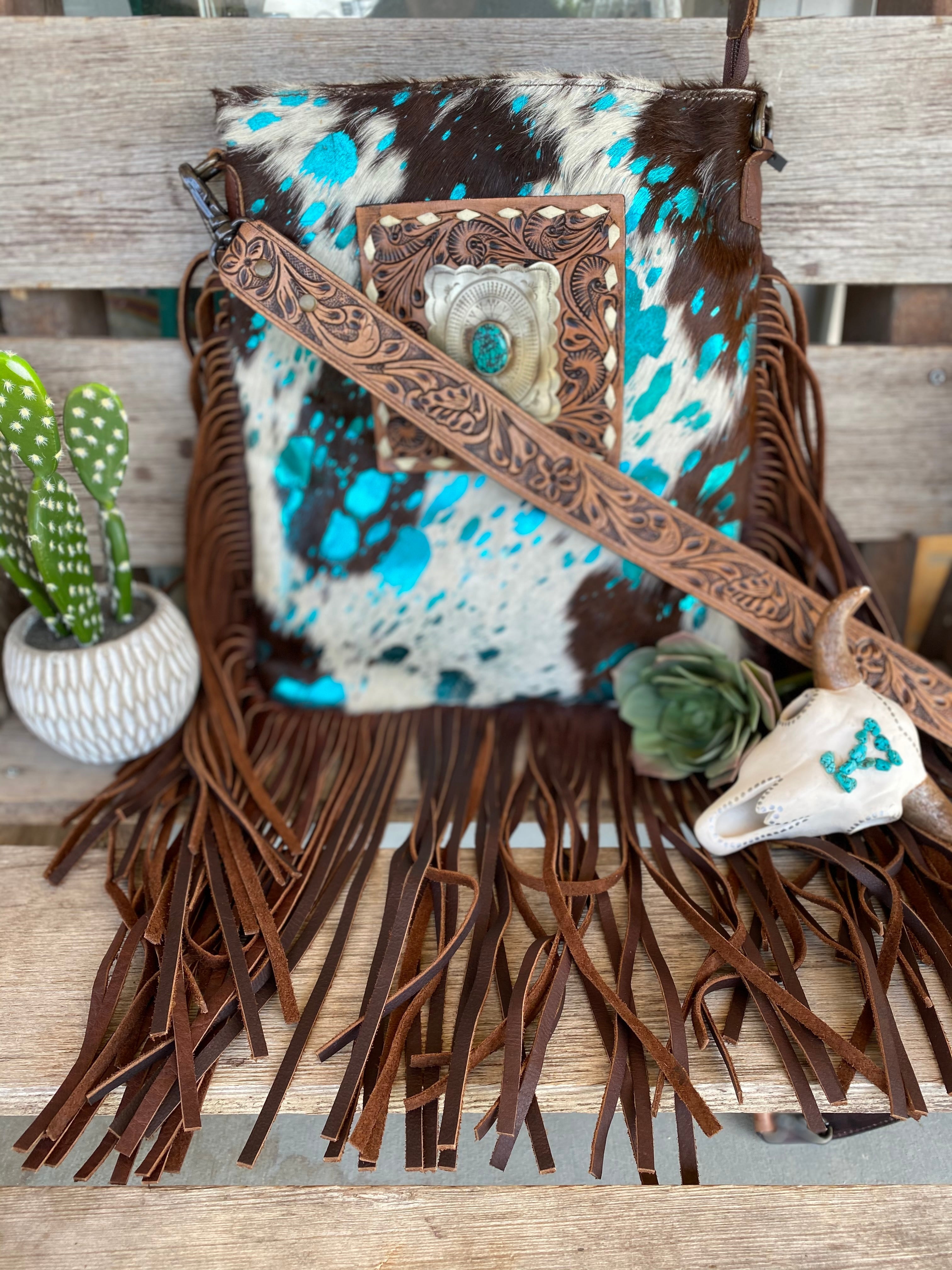 The Gallup Turquoise Acid Wash Fringe Purse